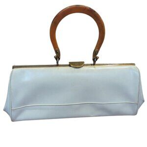 Vintage White Faux Leather Bag - Hinged Opening